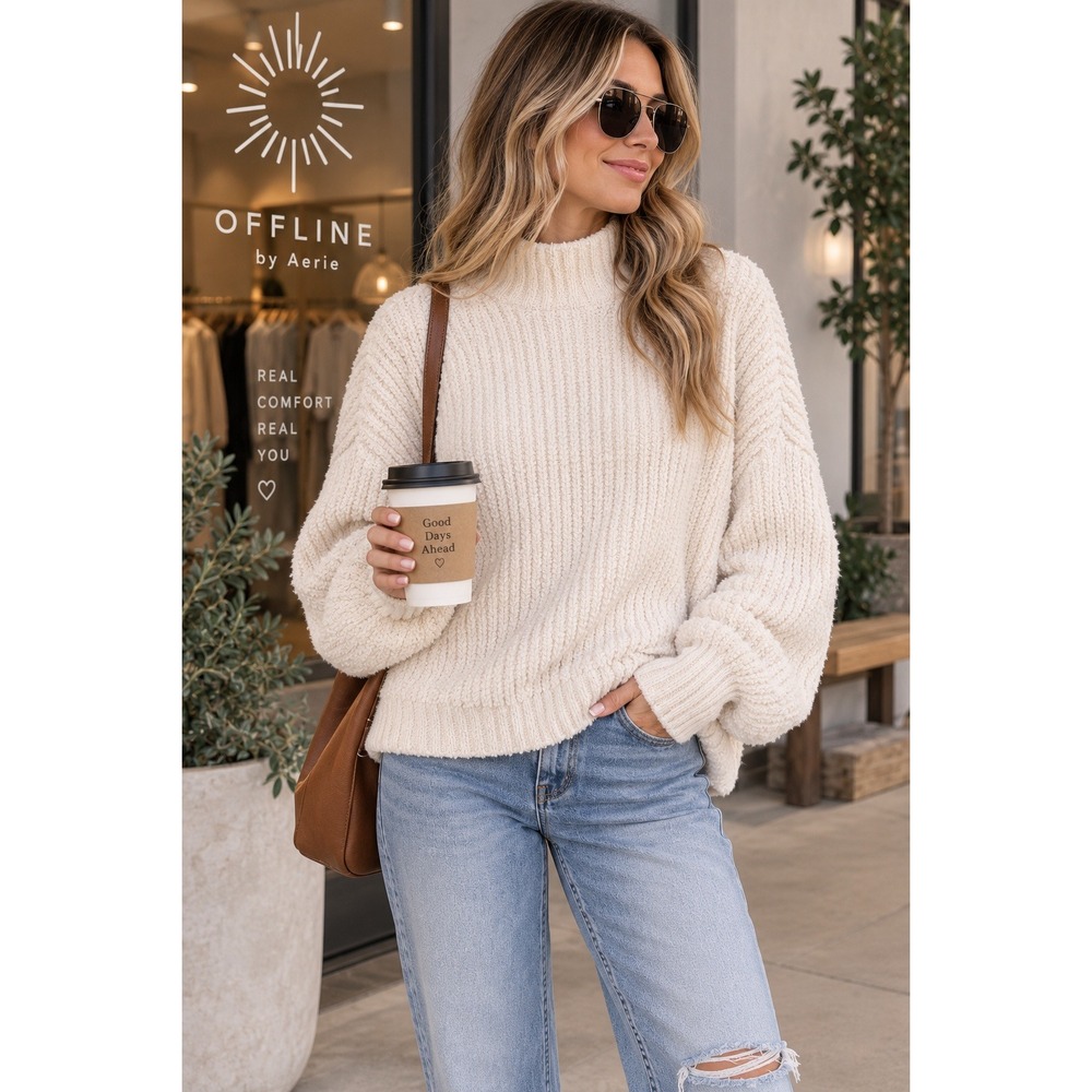 Aerie Marshmallow Cream Fuzzy Plush Mock Neck Sweater Medium